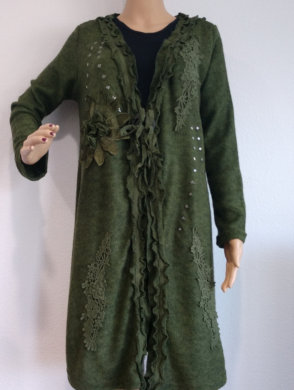 Pretty Angel Olive Green Ruffled Long Cardigan